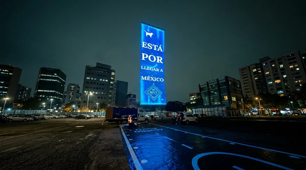 Flying Display iluminado en azul sobre un estacionamiento de noche, rodeado de edificios